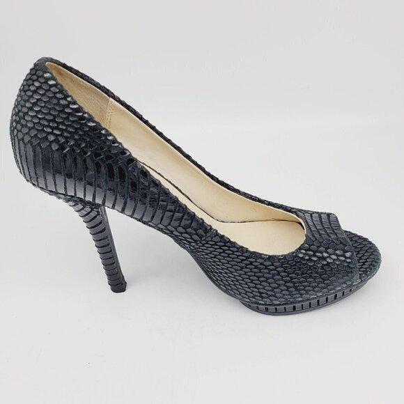 Michael by Michael Shannon Black Leather Peep Toe 4" Heels Snakeskin Texture 7.5 - Picture 9 of 13